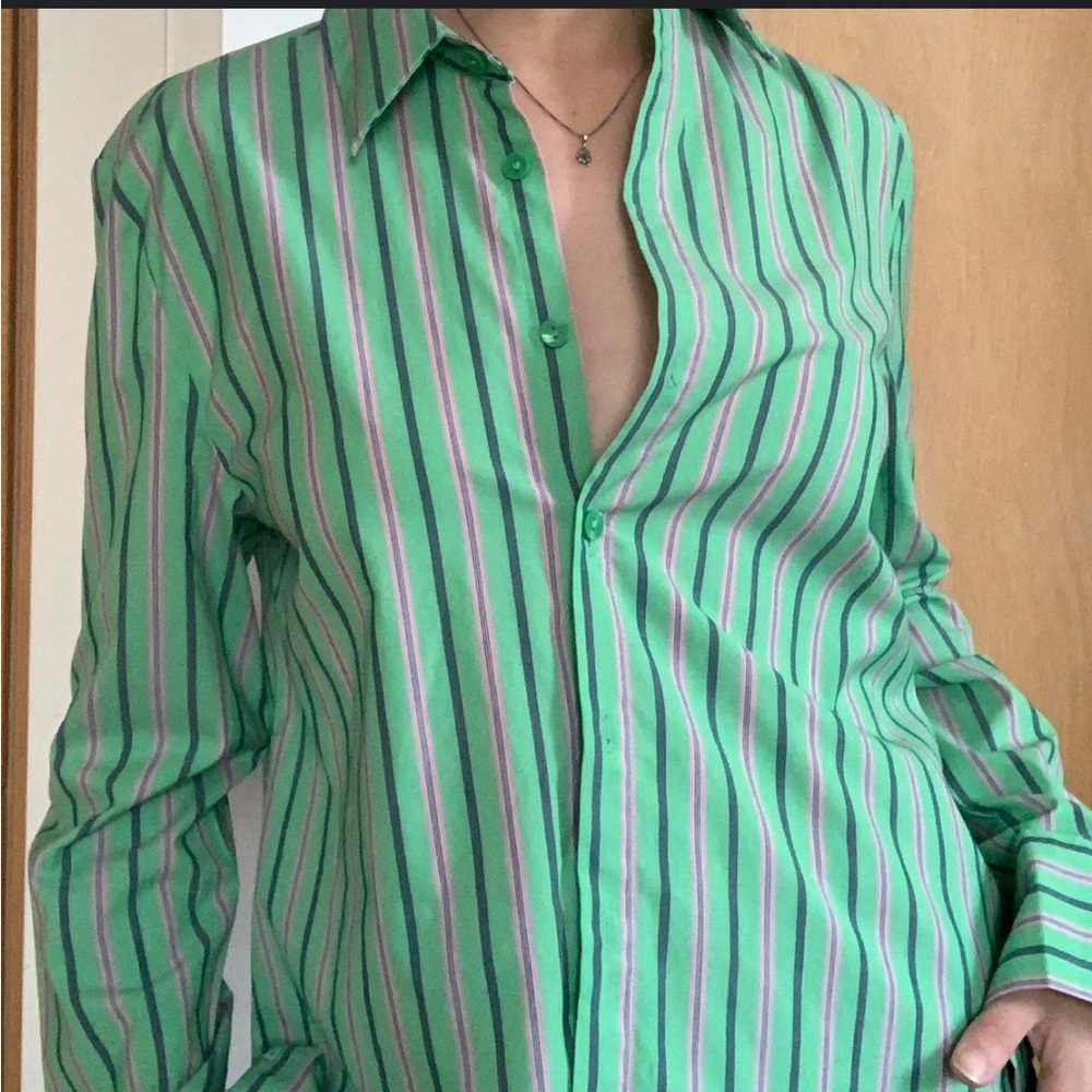 Green Striped Button-Up Shirt